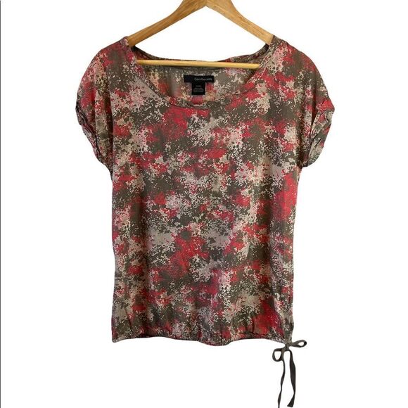 CALVIN KLEIN JEANS Cotton Coral&Tan Printed Shirt Sleeve Bubble Casual Top S - Picture 1 of 8